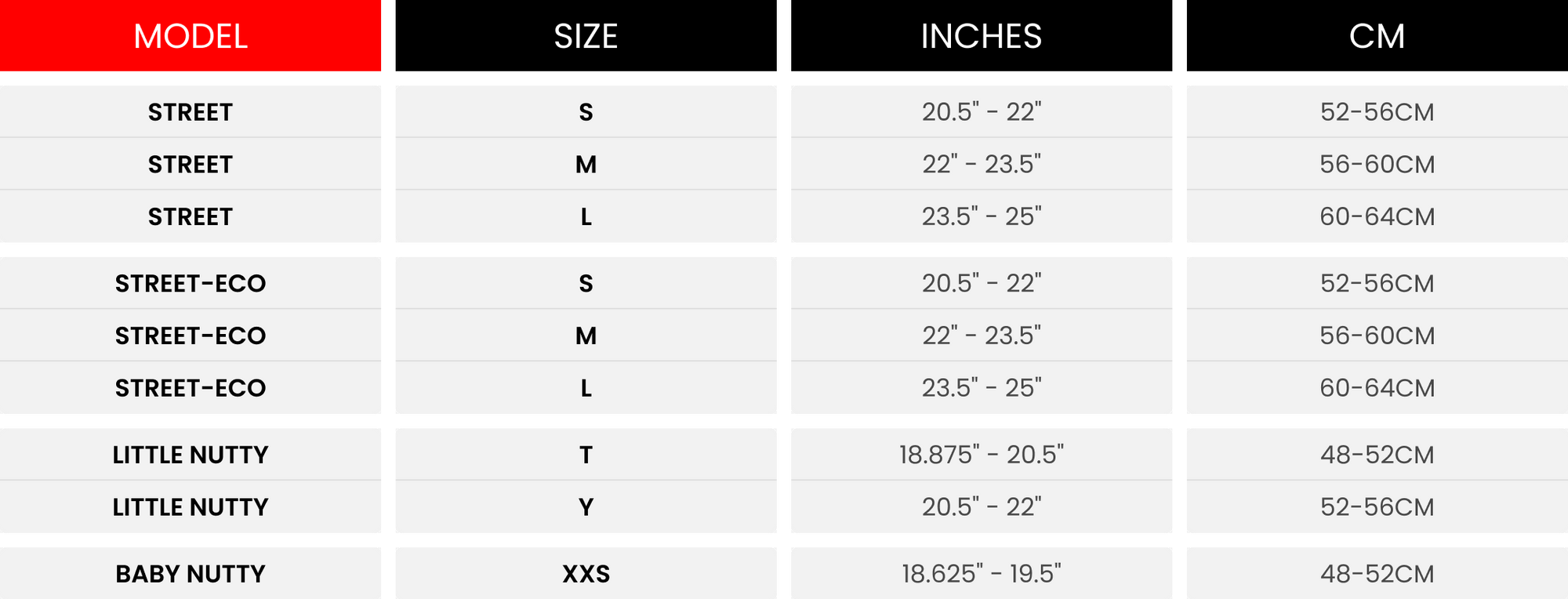 Size chart for Street, Street-ECO, Little Nutty, and Baby Nutty models in inches and centimeters.