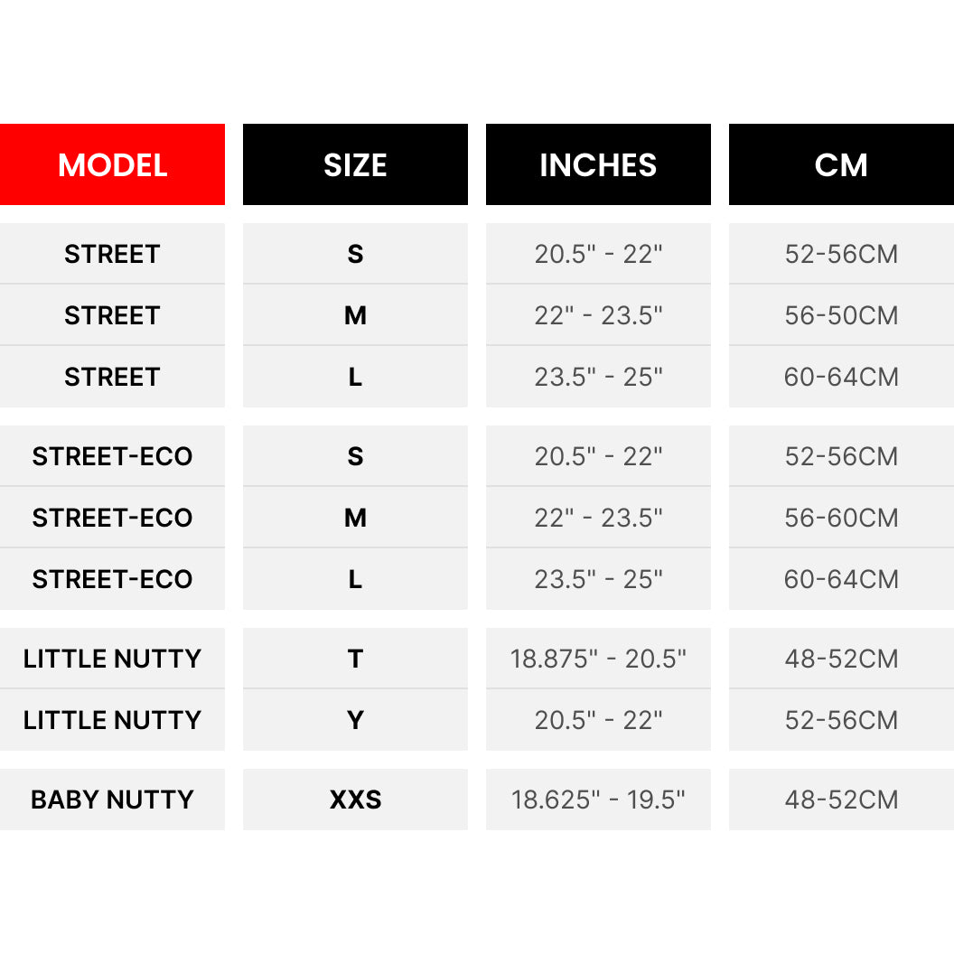 Size chart for 'Street', 'Street-Eco', 'Little Nutty', and 'Baby Nutty' models with measurements in inches and centimeters.